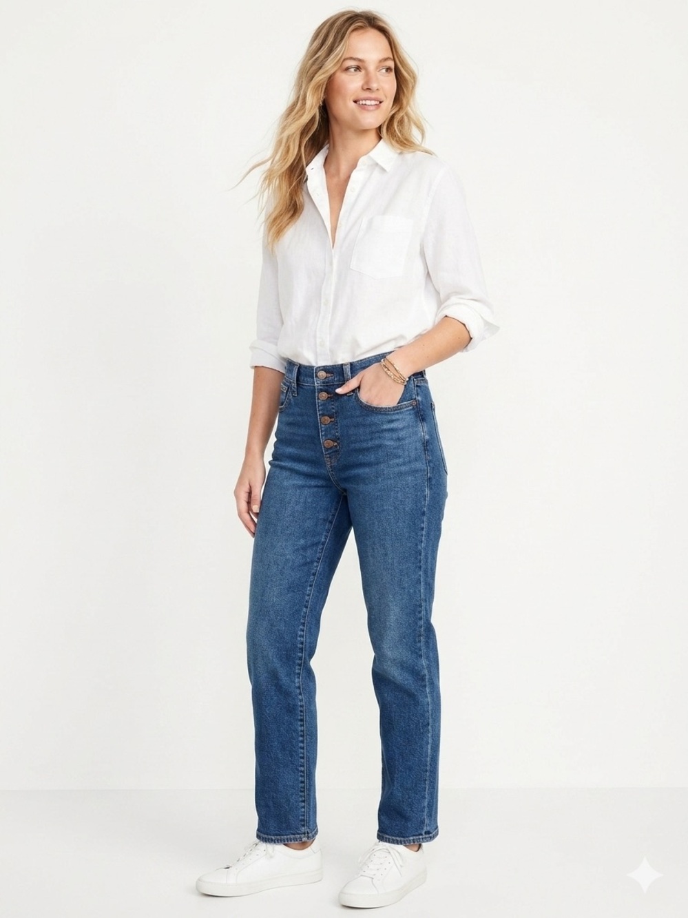 J. Crew High-Rise Button-Fly Essential Straight Jeans in Dark Blue Wash